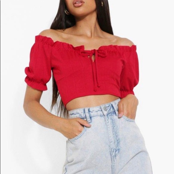 NEW BooHoo red TALL BANDAGE PEASANT CORSET TOP - Picture 2 of 4